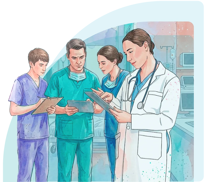 Grupo de médicos y profesionales de la salud analizando documentos.